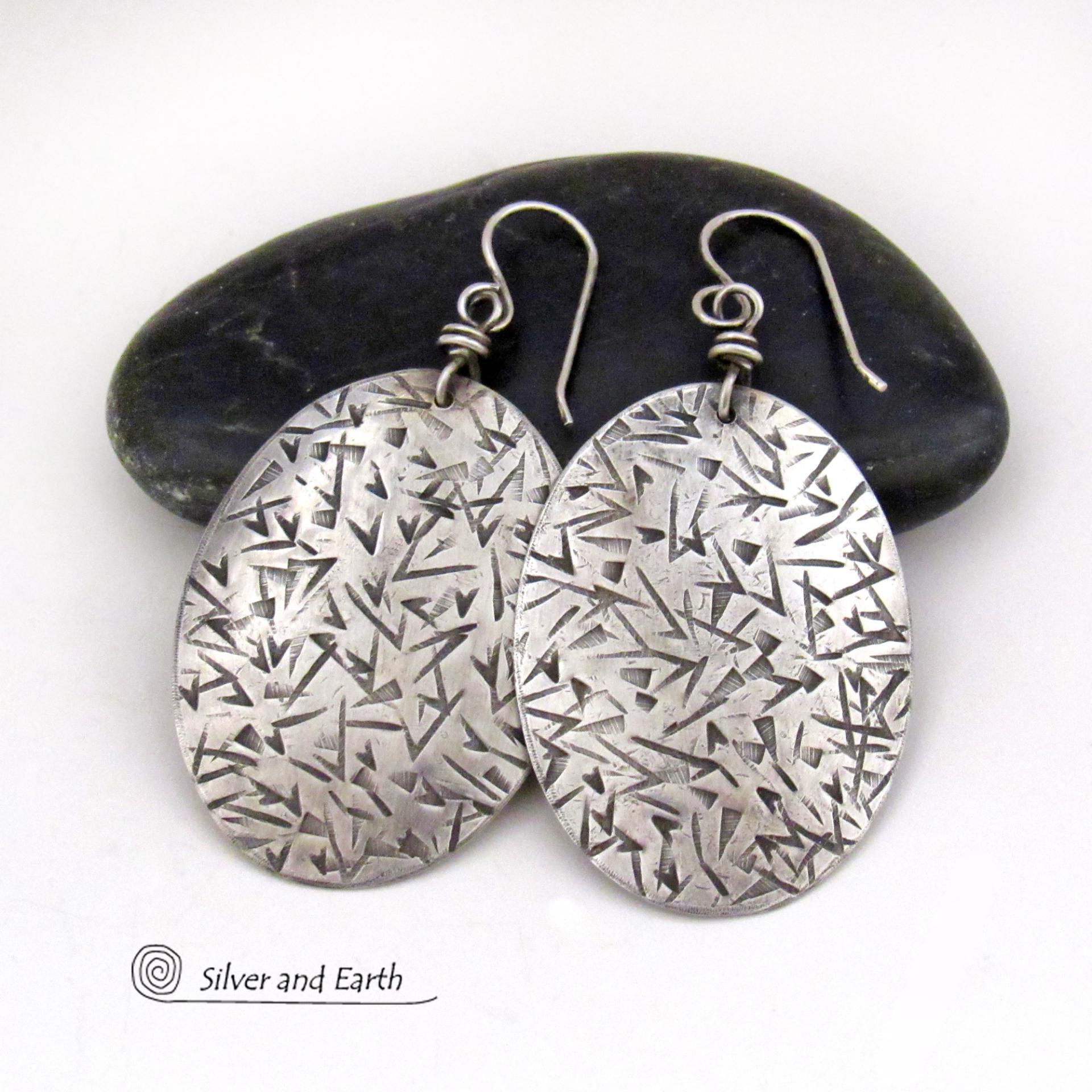 Large Modern Sterling Silver Oval Dangle Earrings with Hand Stamped Texture