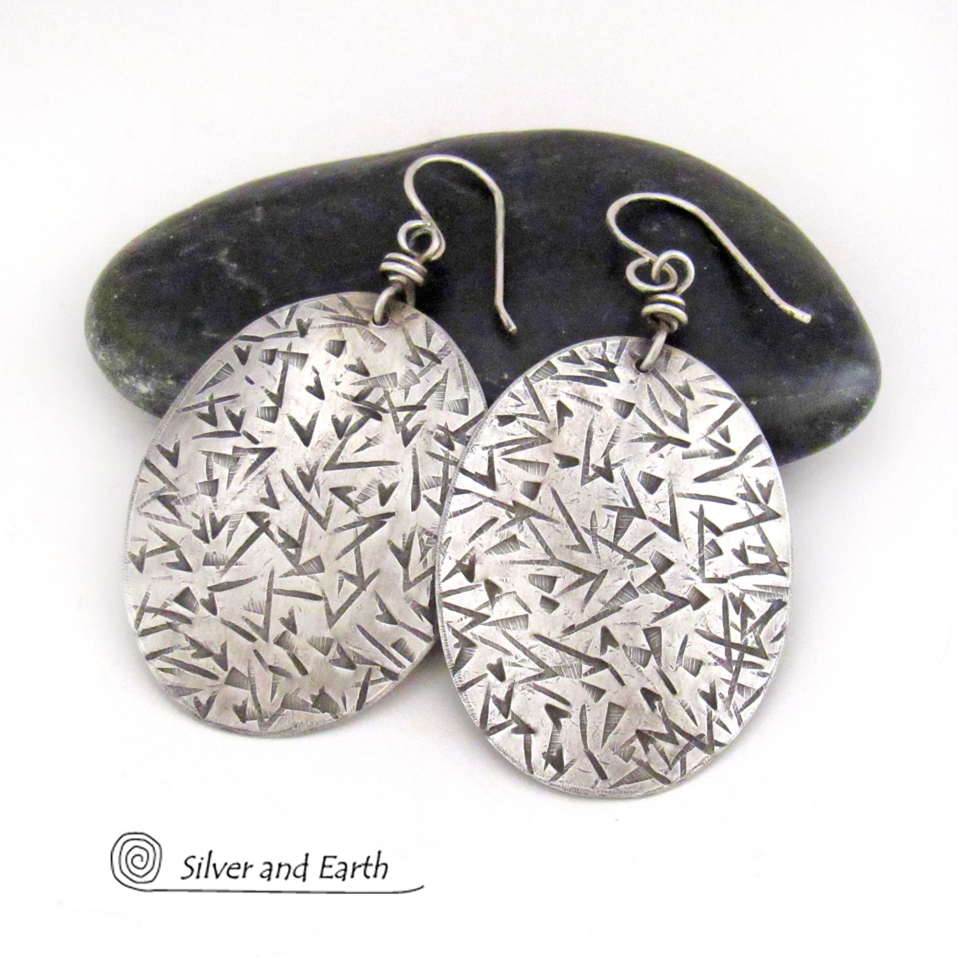 Large Modern Sterling Silver Oval Dangle Earrings with Hand Stamped Texture