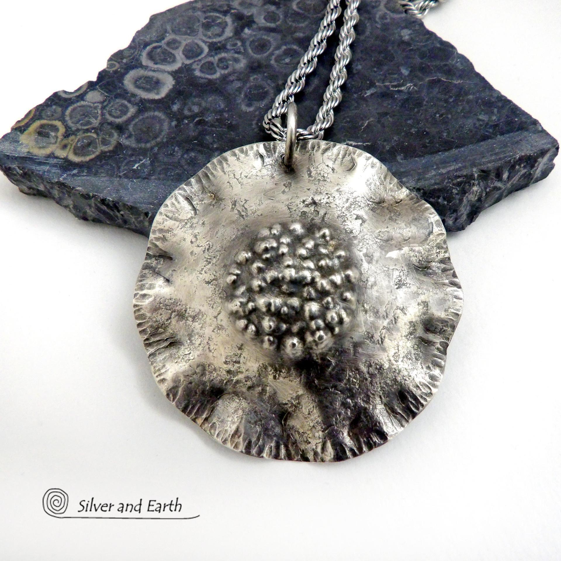 Rustic Hammered Sterling Silver Circle Pendant Necklace - Modern Earthy Organic Silver Jewelry