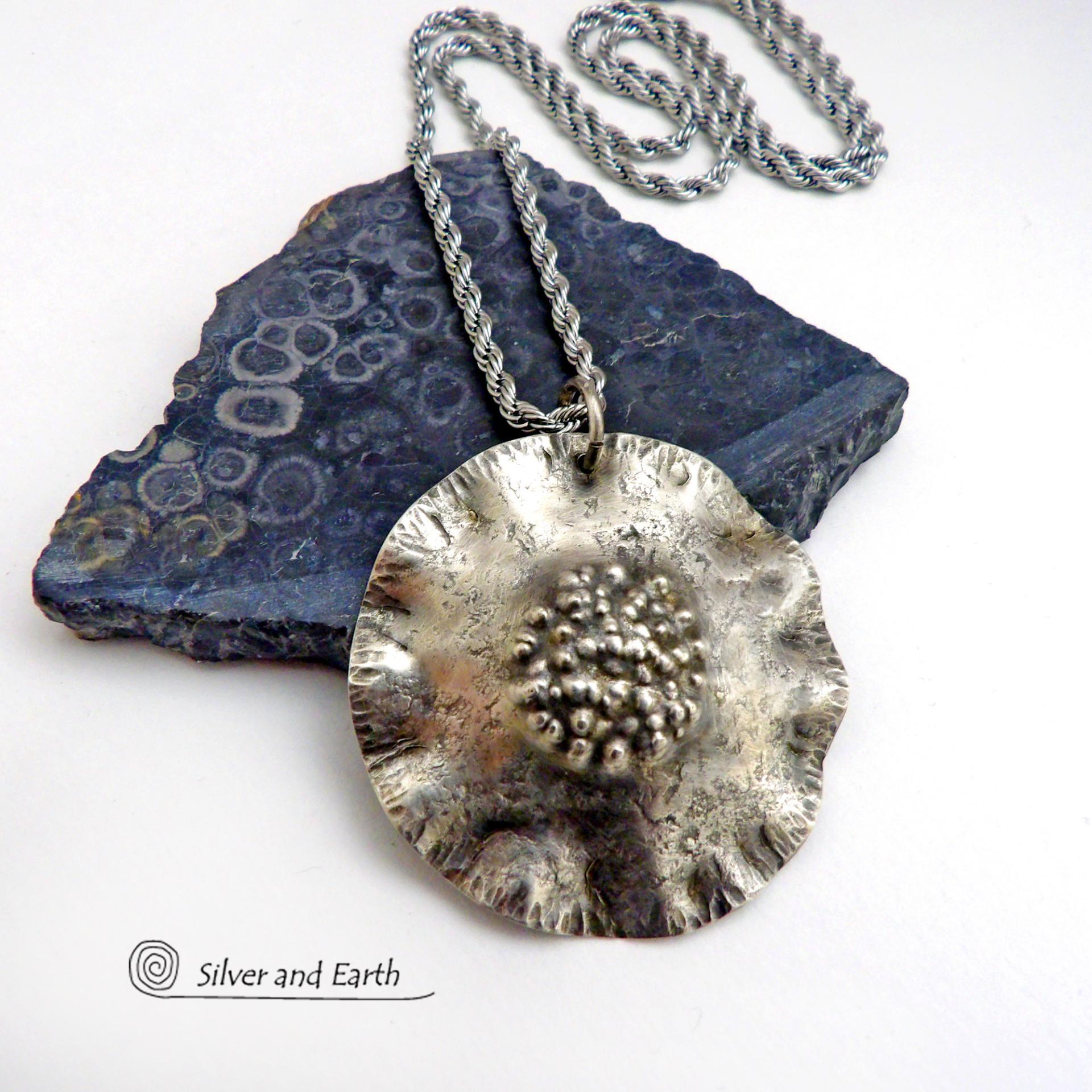 Rustic Hammered Sterling Silver Circle Pendant Necklace - Modern Earthy Organic Silver Jewelry