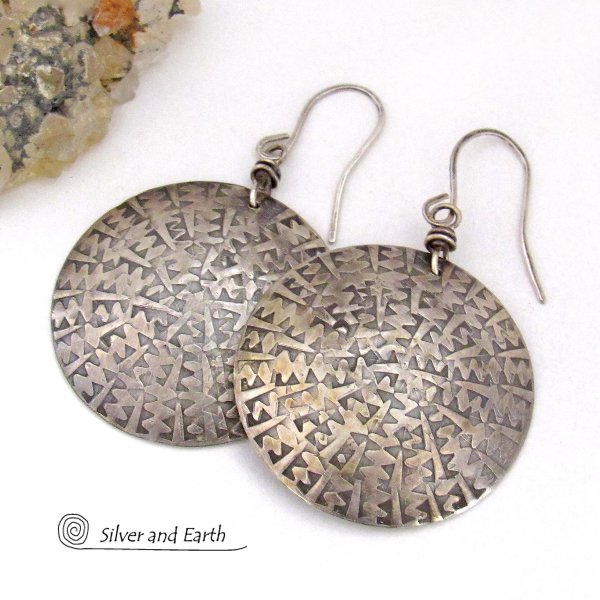 Big Bold Sterling Silver Earrings with Hand Stamped Texture - Artisan Handcrafted Modern Silver Jewelry