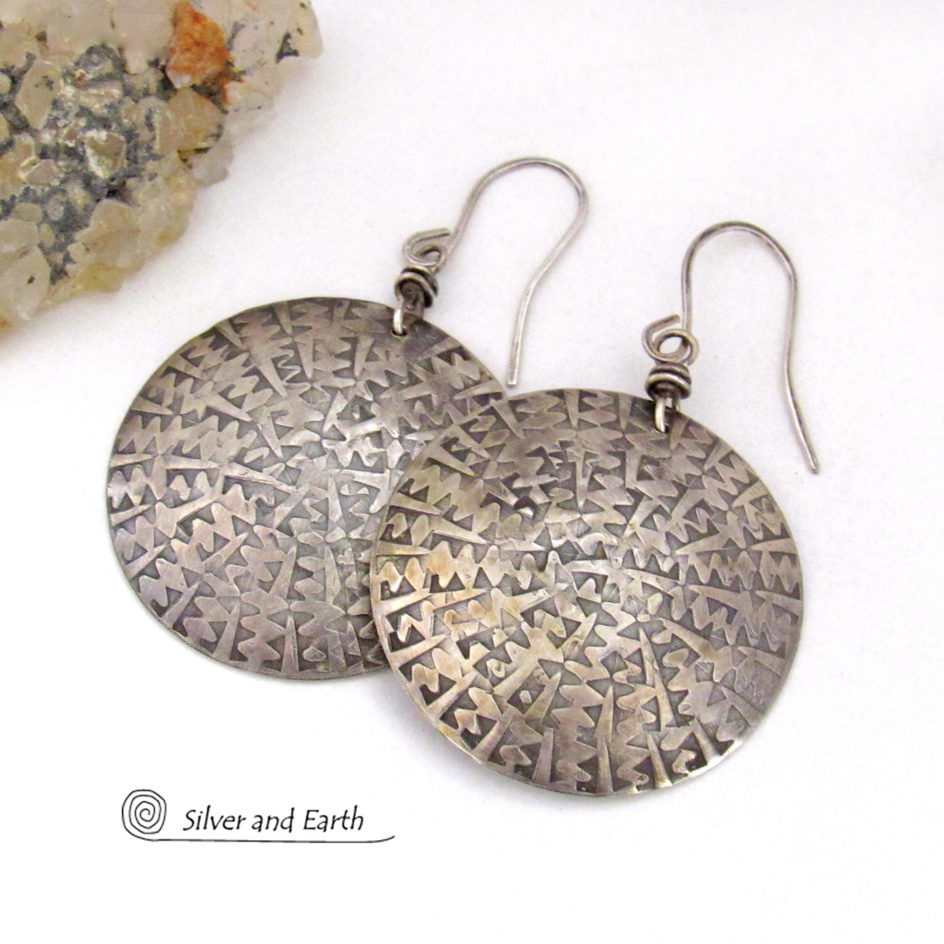 Big Bold Sterling Silver Earrings with Hand Stamped Texture - Artisan Handcrafted Modern Silver Jewelry