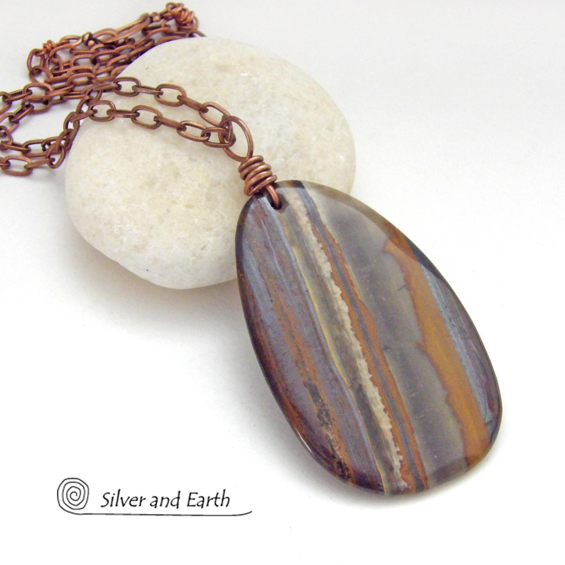 Large Tiger Iron Gemstone Pendant on Copper Chain Necklace - One of a Kind Earthy Natural Stone Jewelry