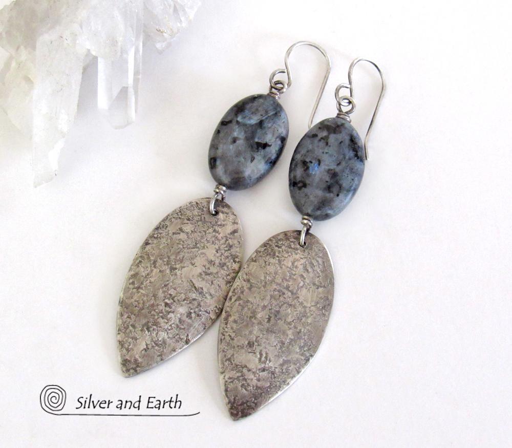 Sterling Silver Dangle Earrings with Natural Larvikite Gemstones
