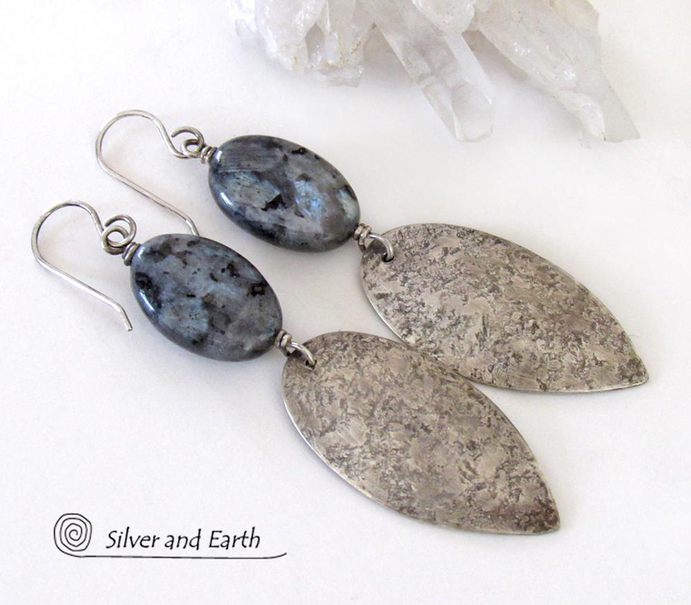 Sterling Silver Dangle Earrings with Natural Larvikite Gemstones