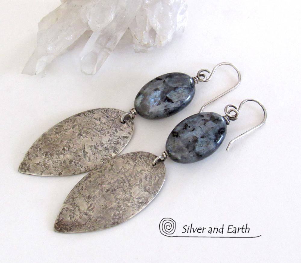 Sterling Silver Dangle Earrings with Natural Larvikite Gemstones