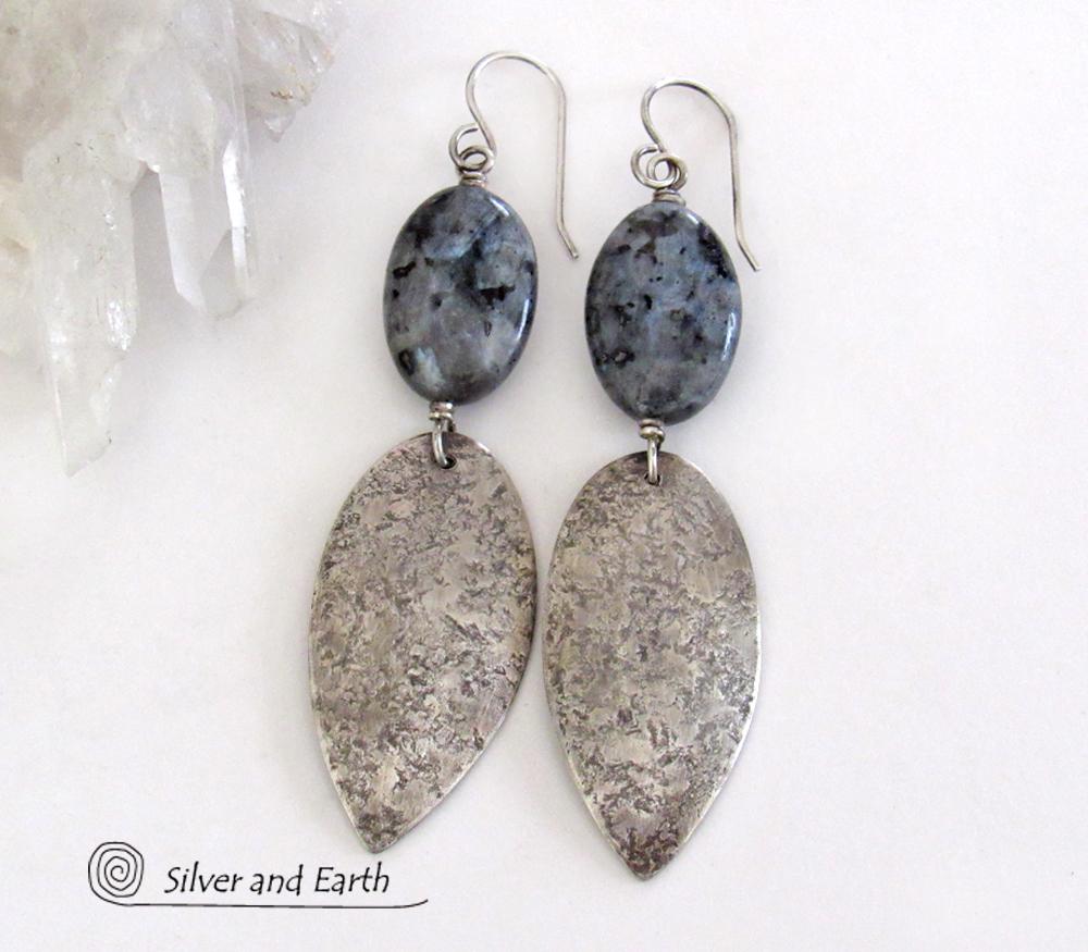 Sterling Silver Dangle Earrings with Natural Larvikite Gemstones