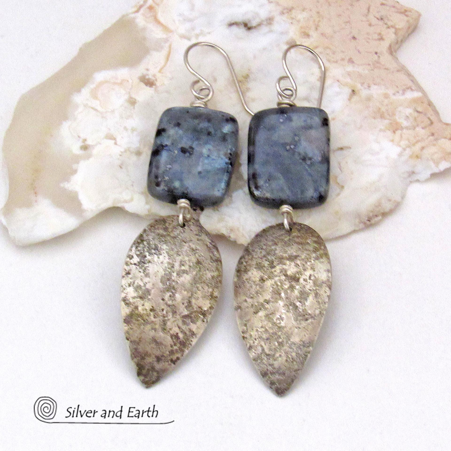 Larvikite Gemstone Earrings with Sterling Silver Dangles - Norwegian Moonstone Jewelry