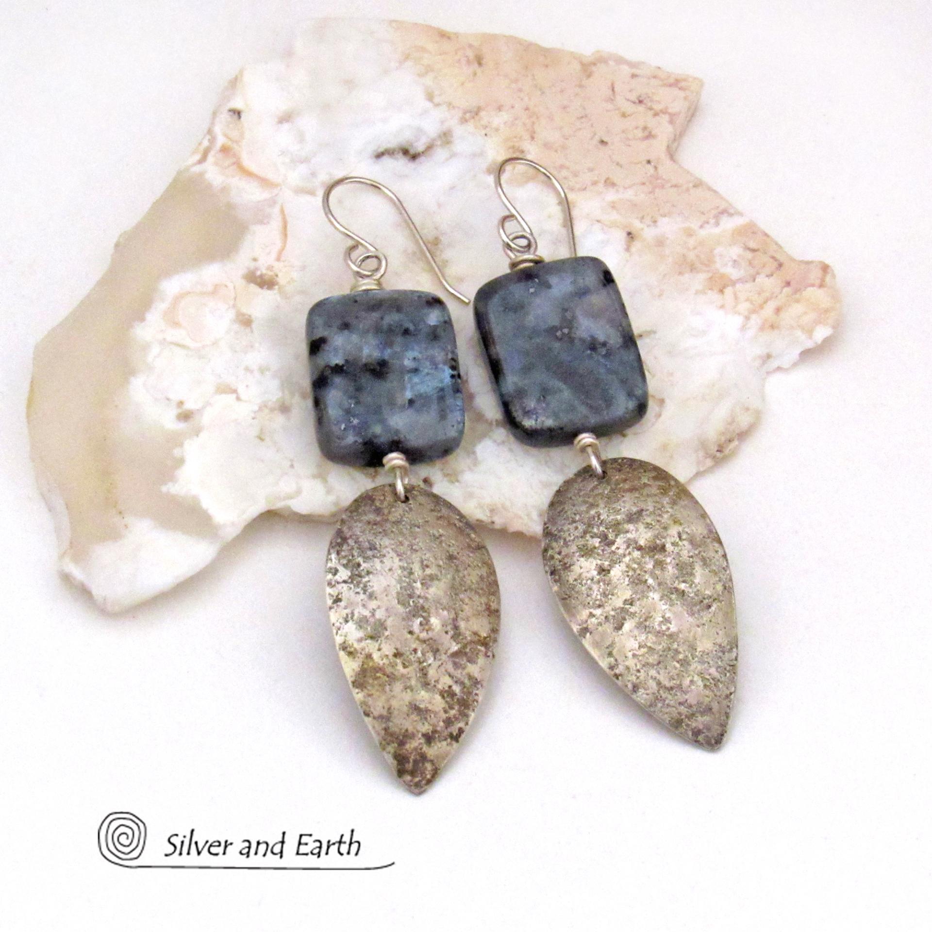 Larvikite Gemstone Earrings with Sterling Silver Dangles - Norwegian Moonstone Jewelry