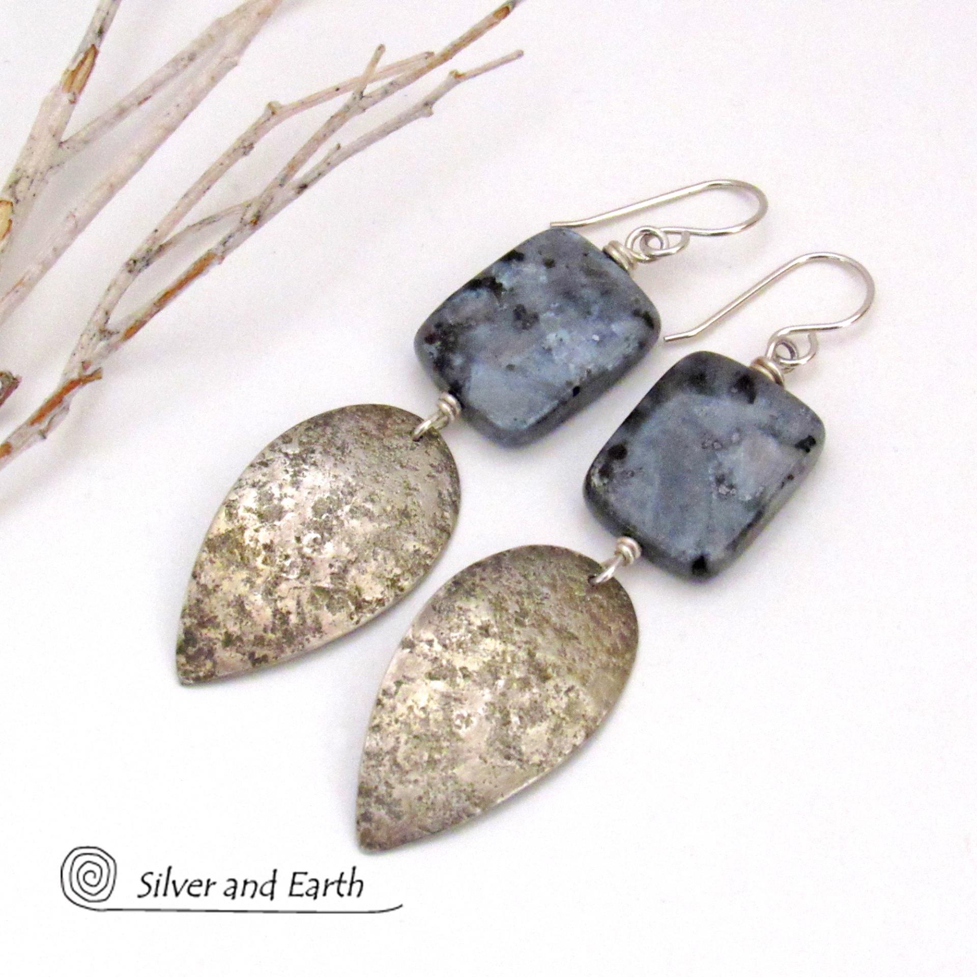 Larvikite Gemstone Earrings with Sterling Silver Dangles - Norwegian Moonstone Jewelry