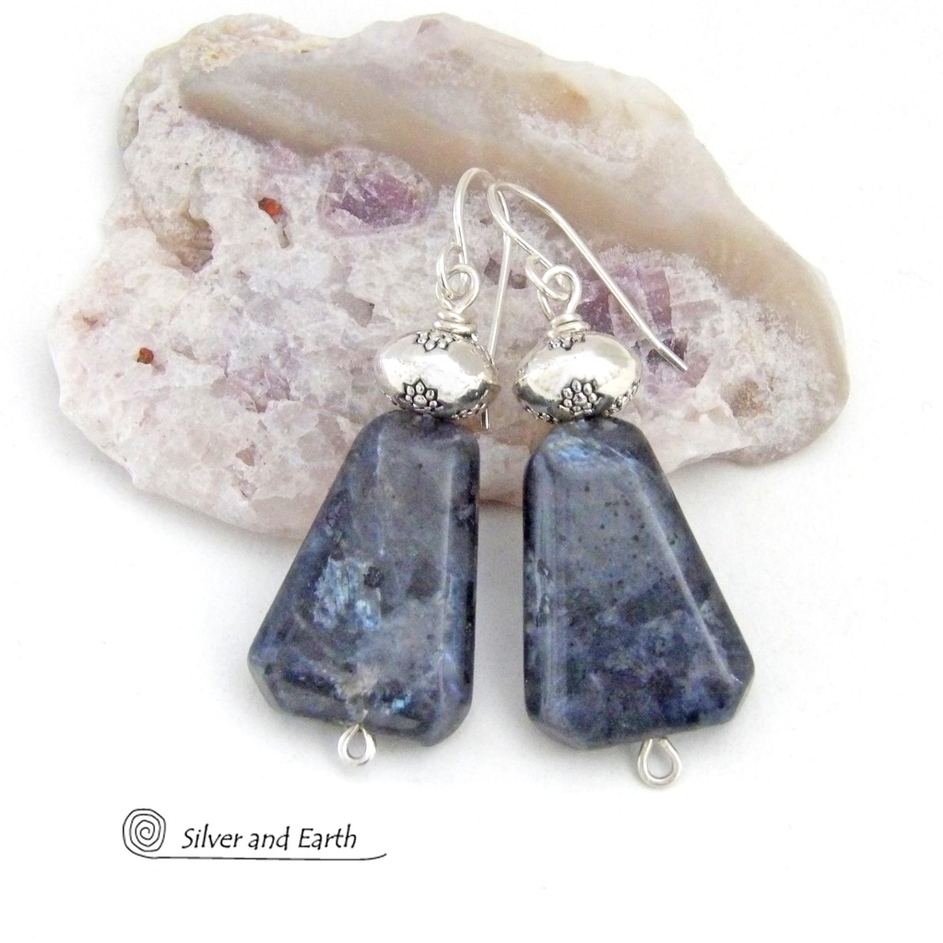 Larvikite Gemstone Earrings on Sterling Silver Wires - Black Labradorite Norwegian Moonstone Jewelry