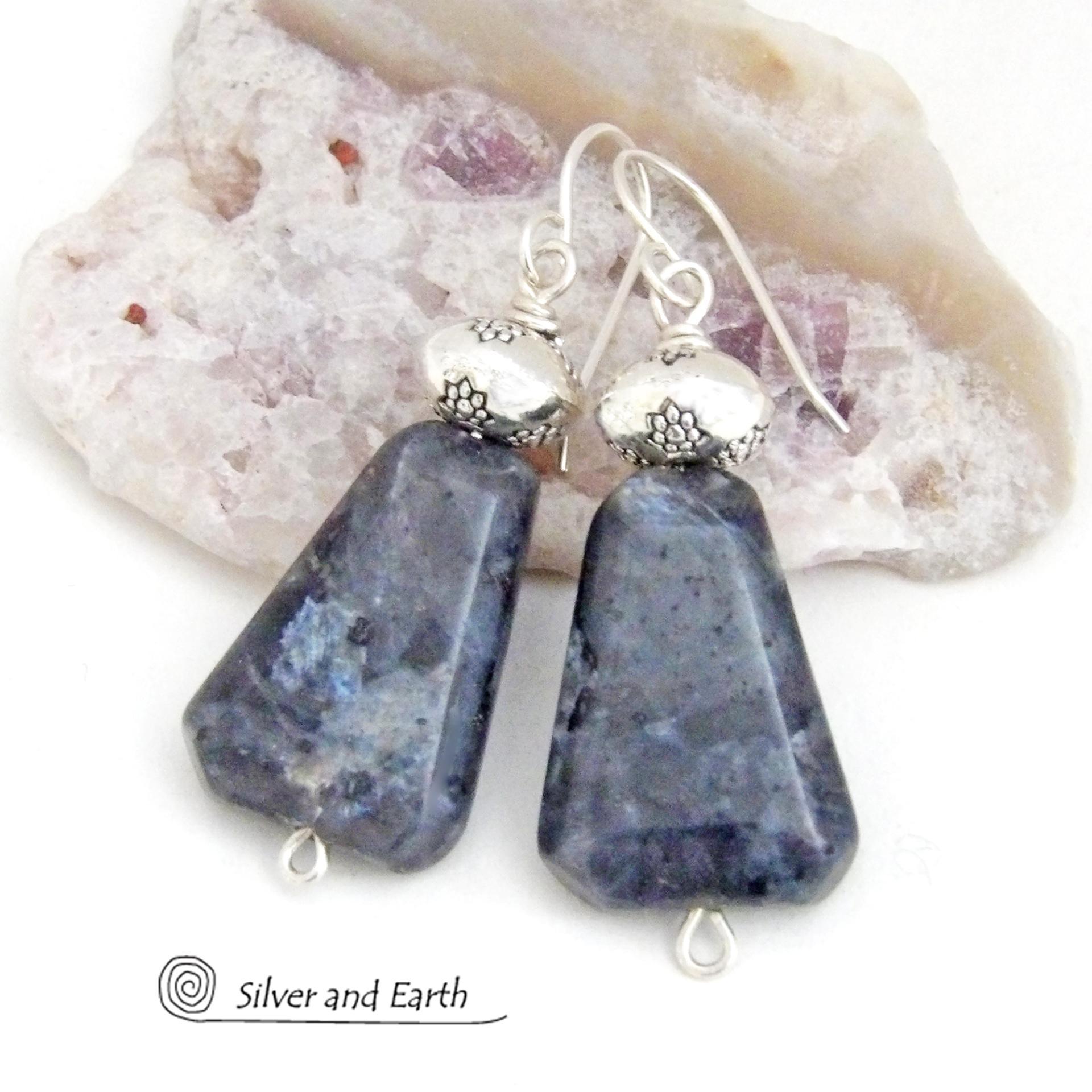 Larvikite Gemstone Earrings on Sterling Silver Wires - Black Labradorite Norwegian Moonstone Jewelry