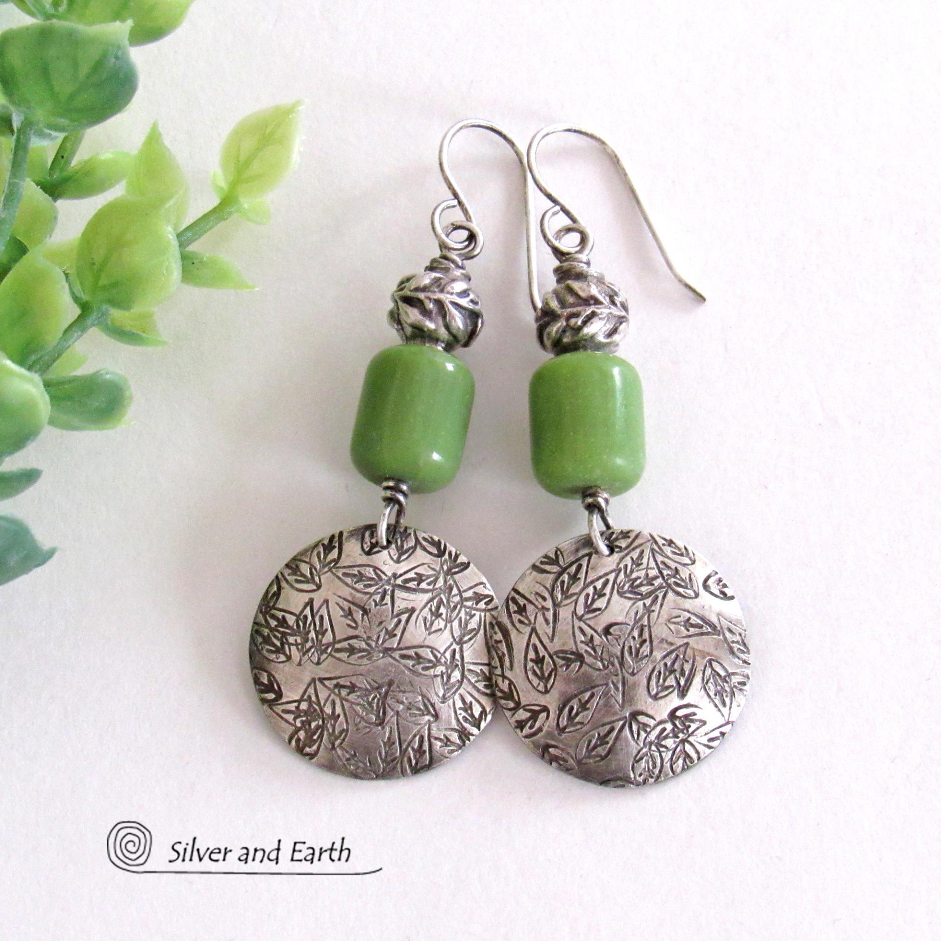 Hand Stamped Sterling Silver Leaf Earrings with Green Serpentine Stones - Unique Earthy Nature Jewelry Gifts for Women