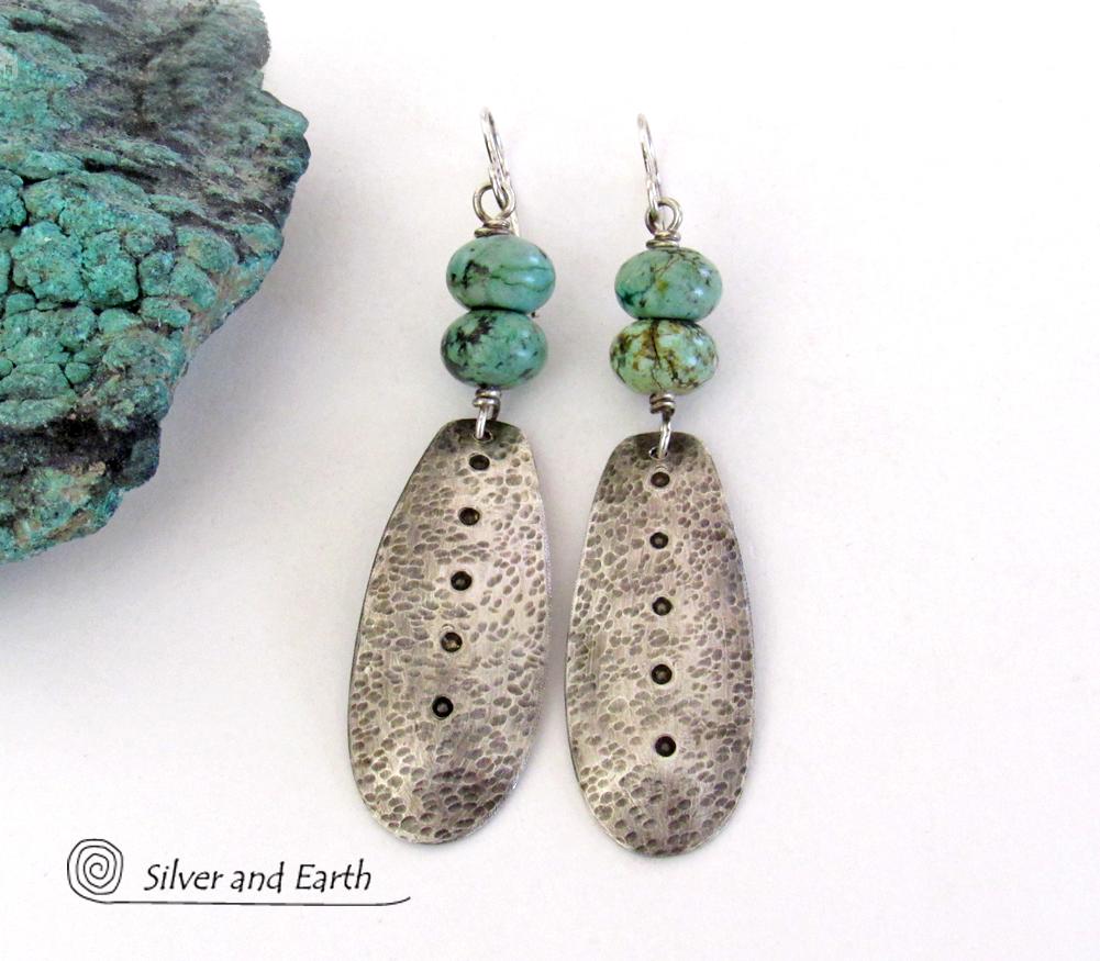 Long Hammered Sterling Silver Dangle Earrings with African Turquoise Stones