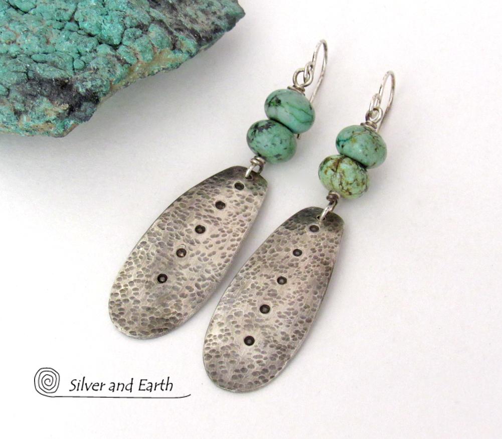 Long Hammered Sterling Silver Dangle Earrings with African Turquoise Stones