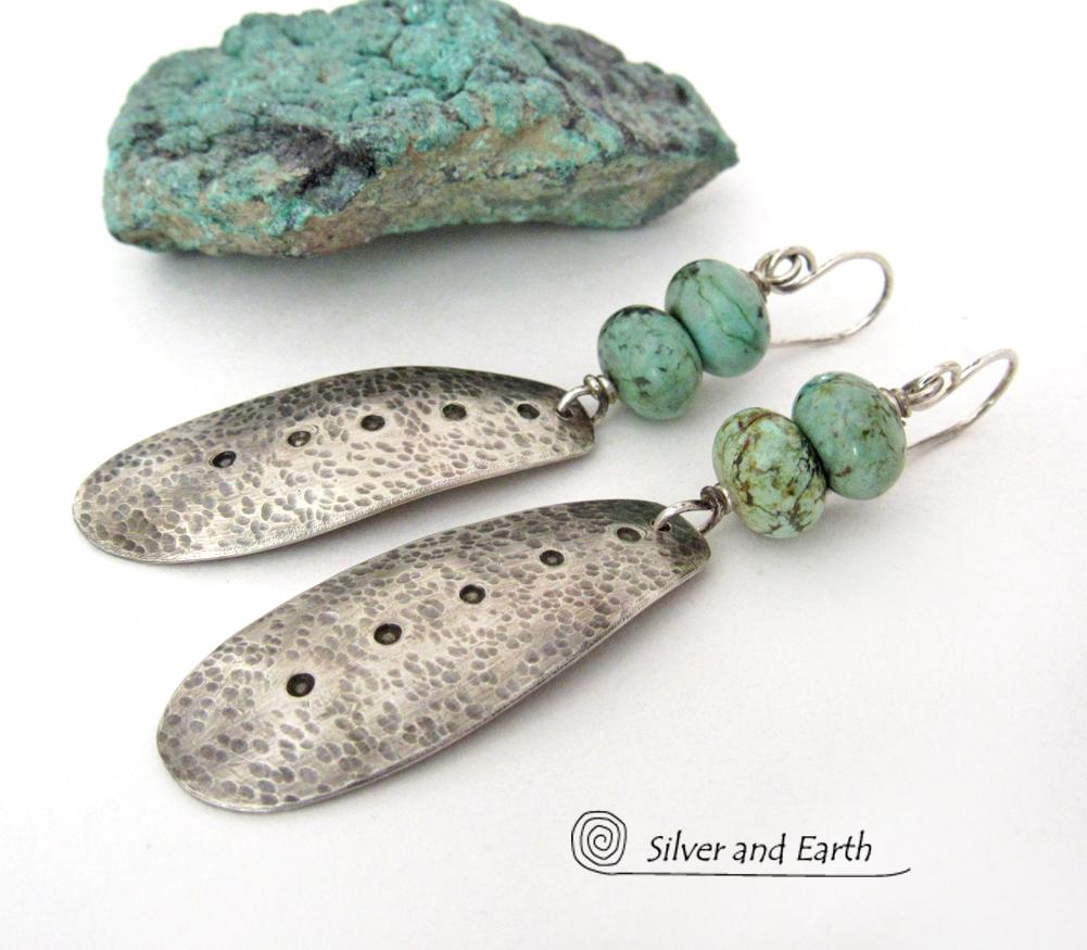 Long Hammered Sterling Silver Dangle Earrings with African Turquoise Stones