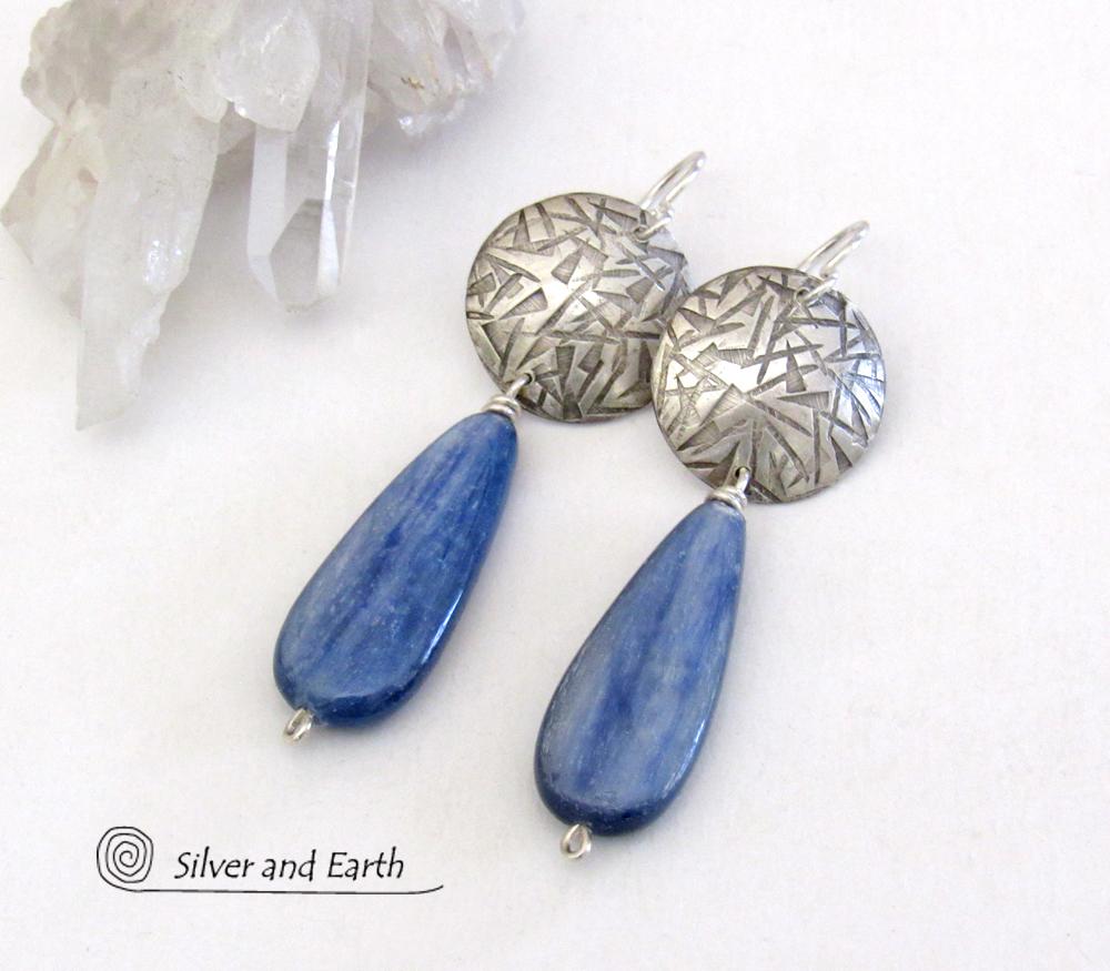 Handcrafted Modern Sterling Silver Earrings with Long Dangly Blue Kyanite Gemstones