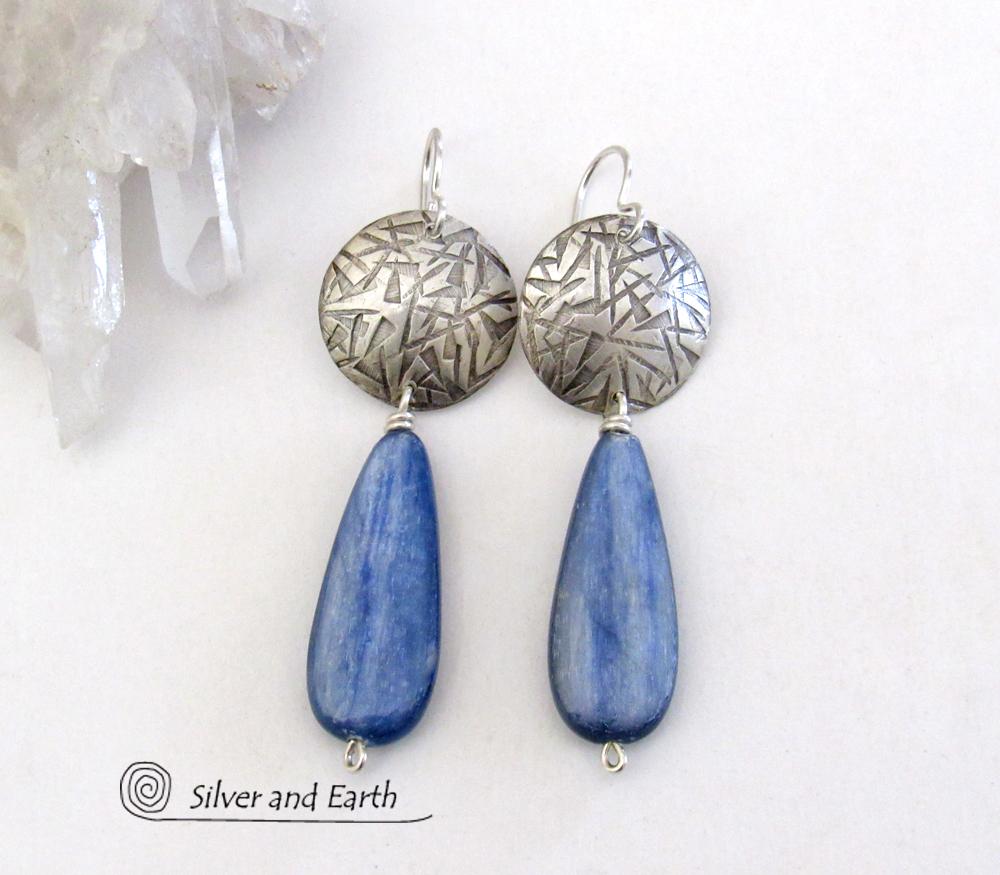 Handcrafted Modern Sterling Silver Earrings with Long Dangly Blue Kyanite Gemstones