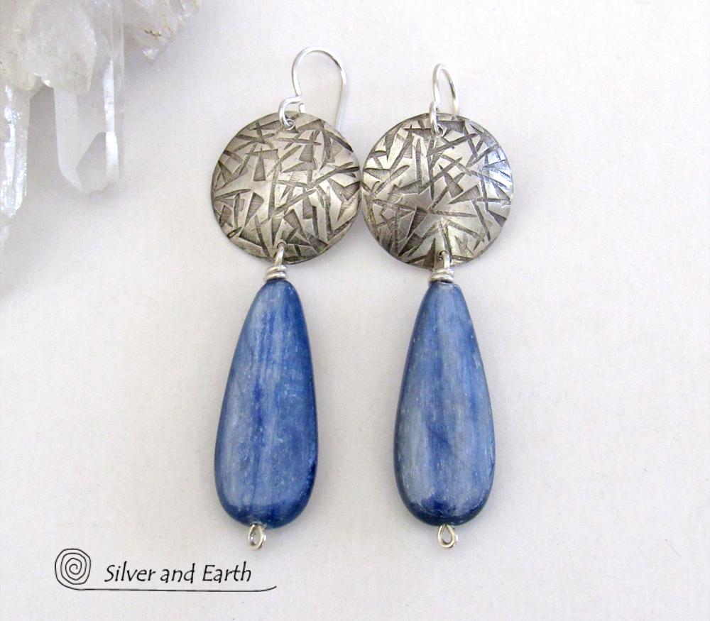 Handcrafted Modern Sterling Silver Earrings with Long Dangly Blue Kyanite Gemstones