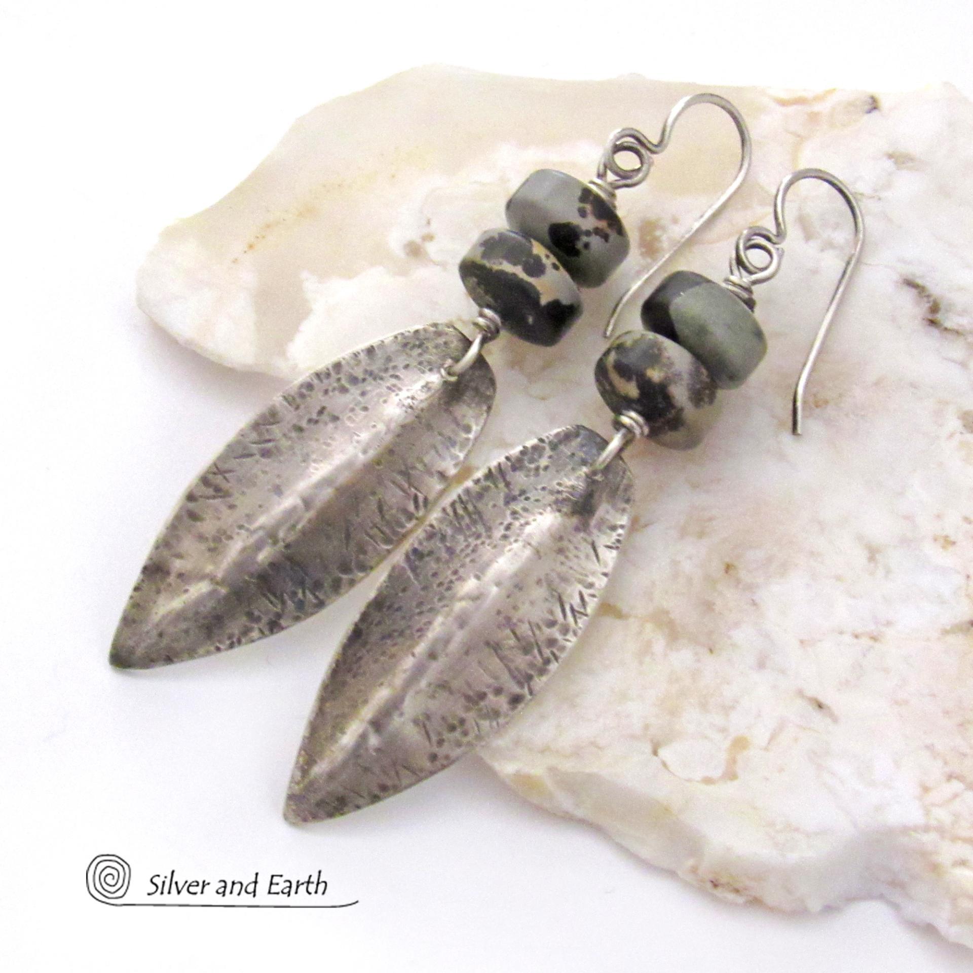 Hammered Sterling Silver Dangle Earrings with Gray Black Paintbrush Jasper Stones