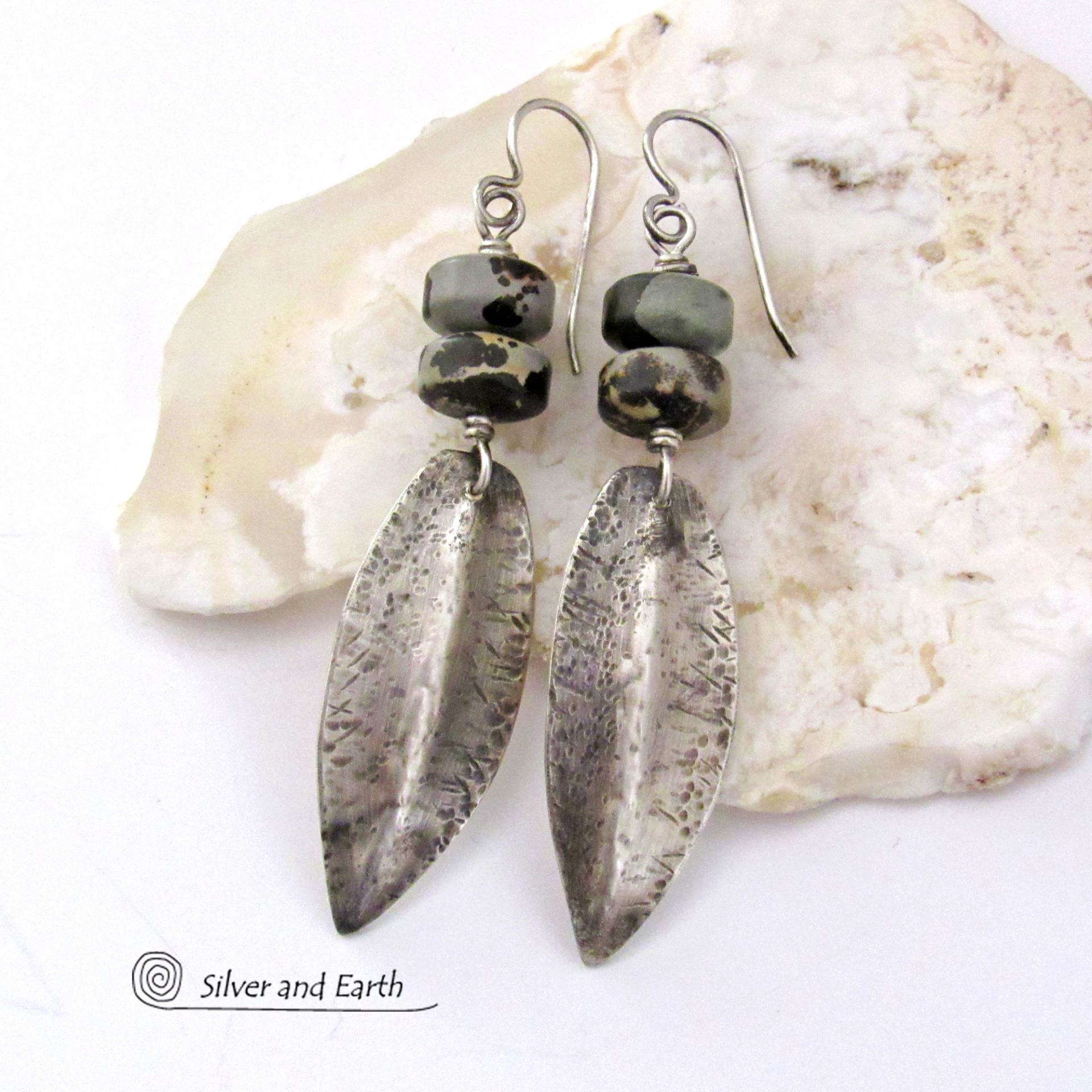 Hammered Sterling Silver Dangle Earrings with Gray Black Paintbrush Jasper Stones