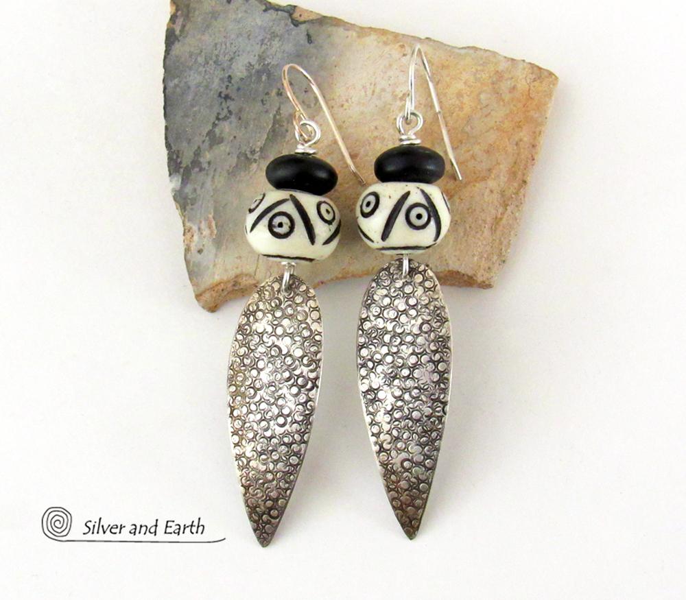 Sterling Silver Tribal Spear Earrings with African Carved Bone & Black Beads - Handcrafted Bold Exotic Ethnic Style Jewelry