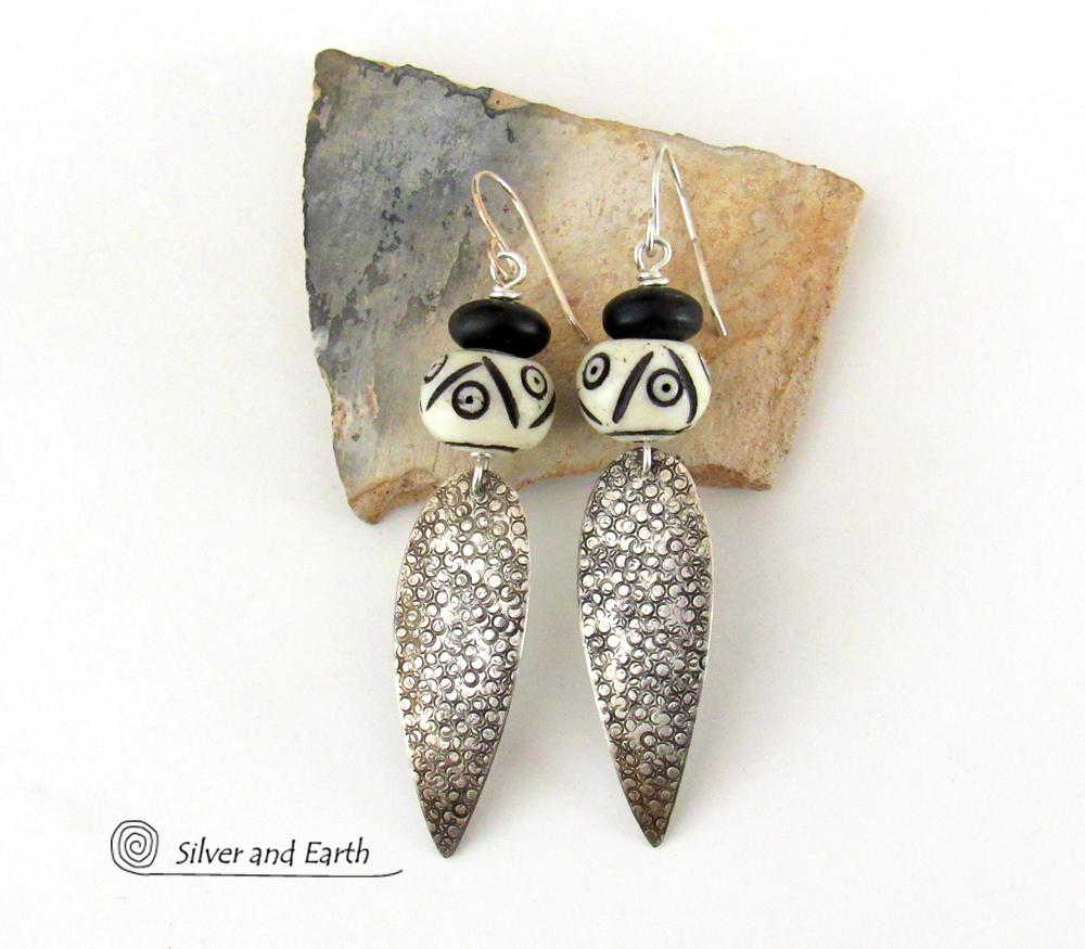 Sterling Silver Tribal Spear Earrings with African Carved Bone & Black Beads - Handcrafted Bold Exotic Ethnic Style Jewelry