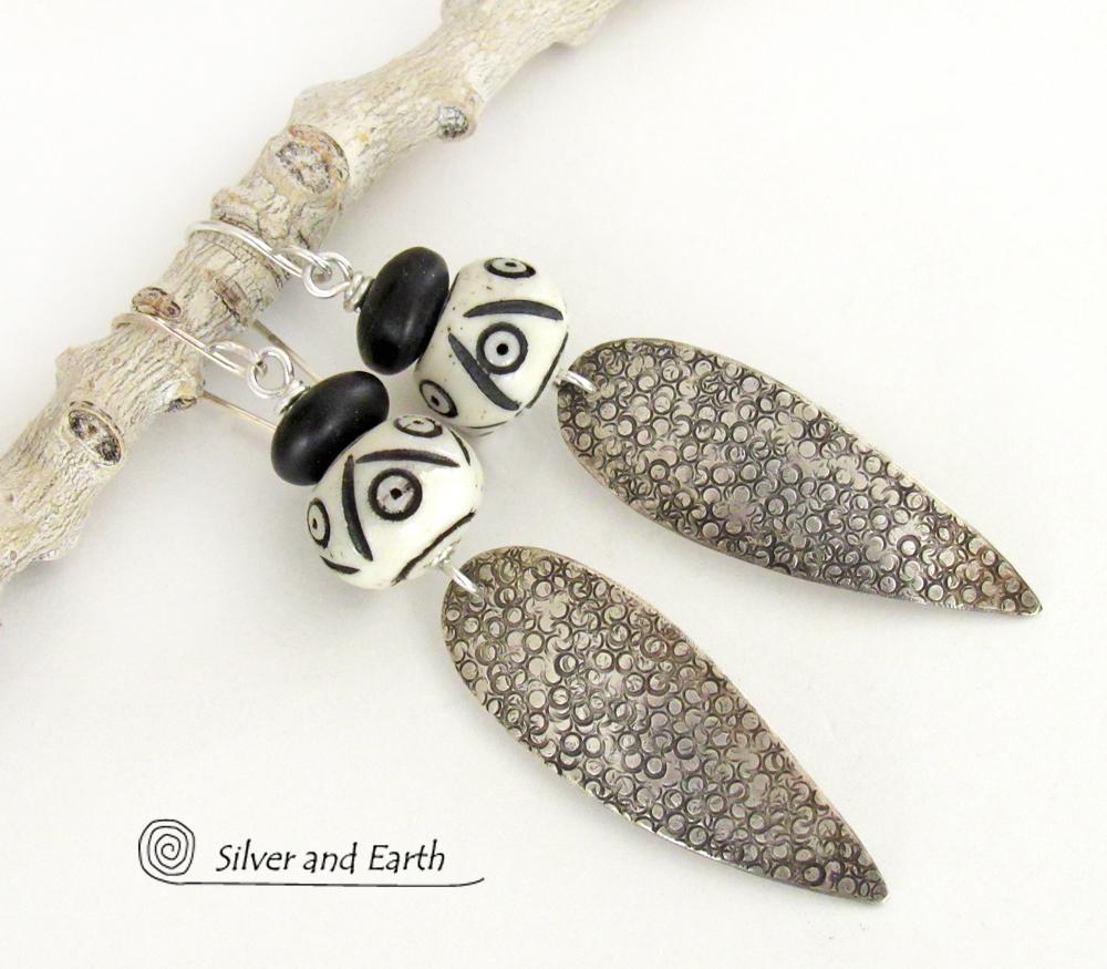 Sterling Silver Tribal Spear Earrings with African Carved Bone & Black Beads - Handcrafted Bold Exotic Ethnic Style Jewelry