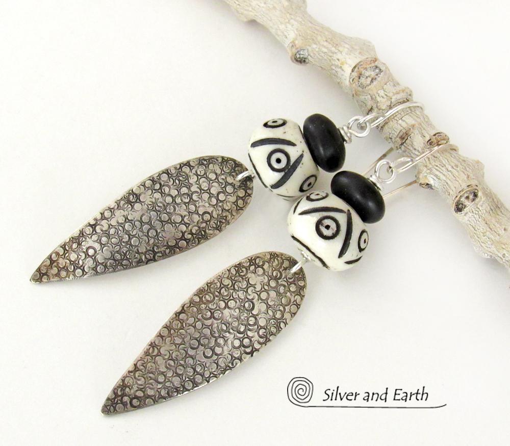 Sterling Silver Tribal Spear Earrings with African Carved Bone & Black Beads - Handcrafted Bold Exotic Ethnic Style Jewelry