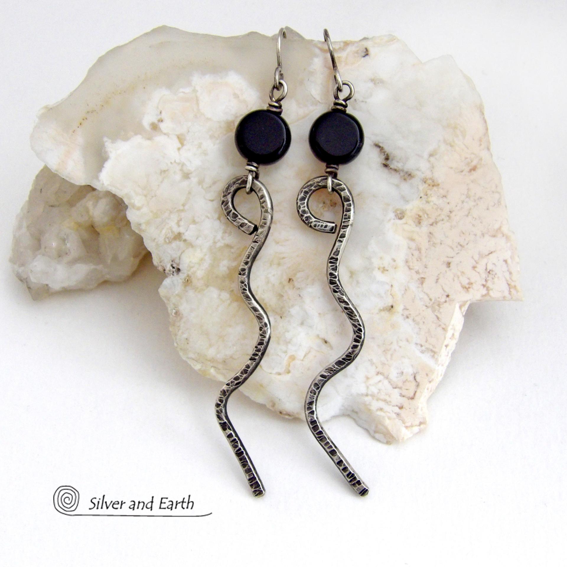 Long Hammered Sterling Silver Dangle Earrings with Black Onyx Stones - Contemporary Modern Minimalist Jewelry