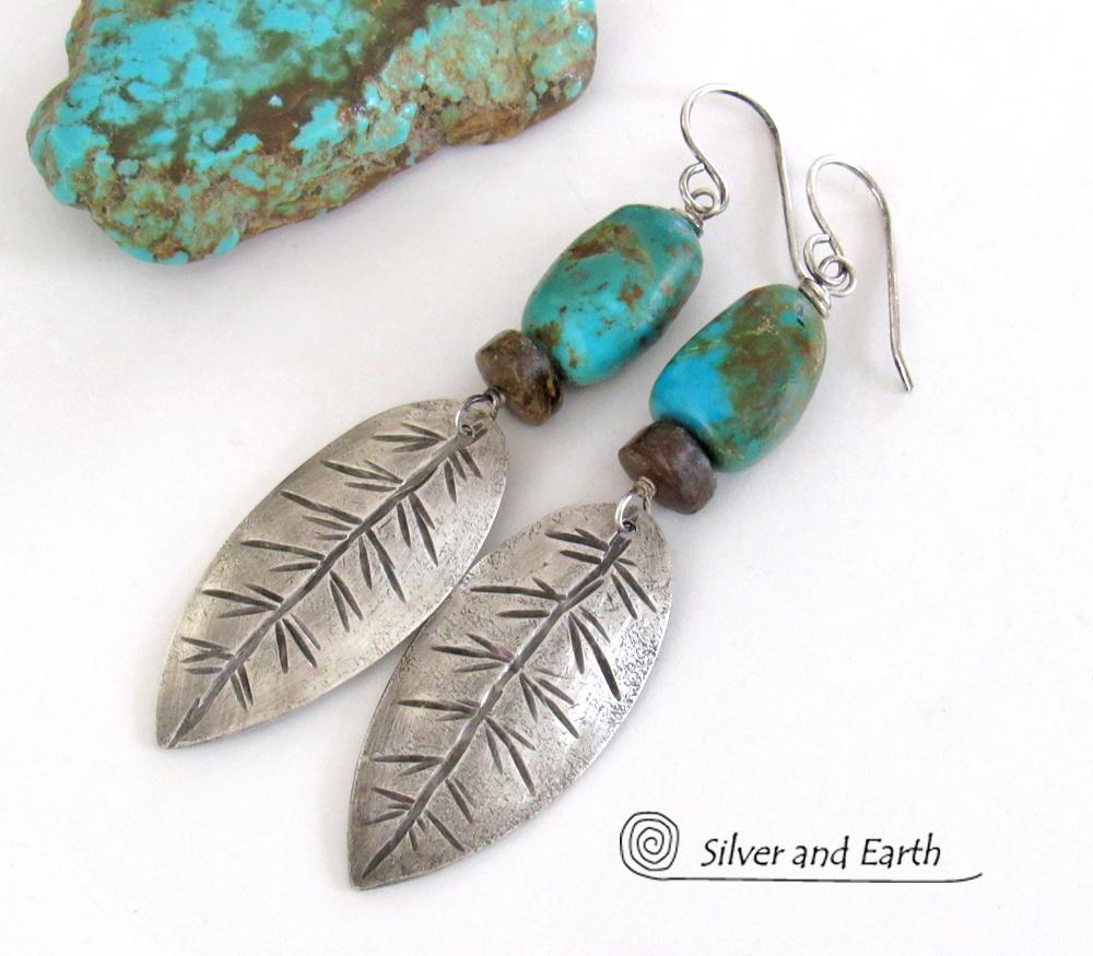 Sterling Silver Feather Earrings with Natural Turquoise and Bronzite Stones - Southwestern Style Jewelry