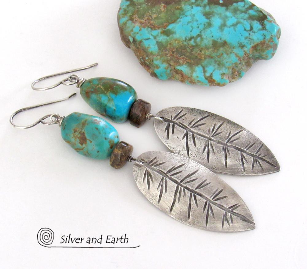 Sterling Silver Feather Earrings with Natural Turquoise and Bronzite Stones - Southwestern Style Jewelry