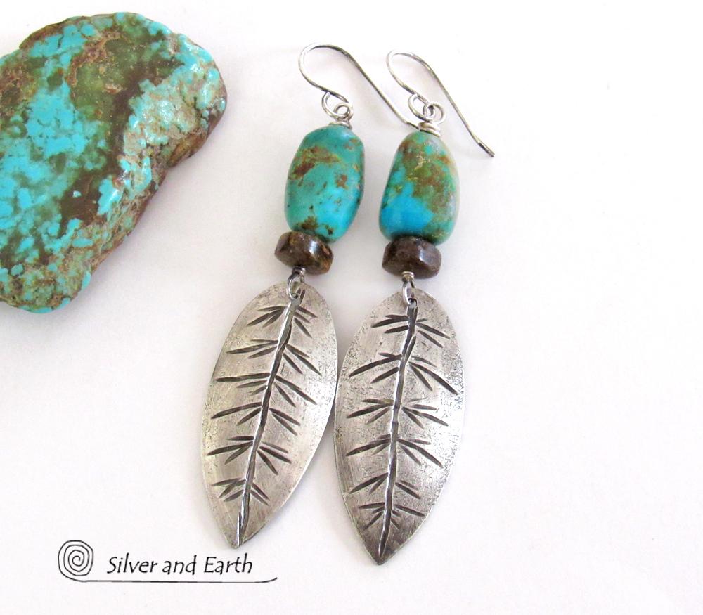 Sterling Silver Feather Earrings with Natural Turquoise and Bronzite Stones - Southwestern Style Jewelry