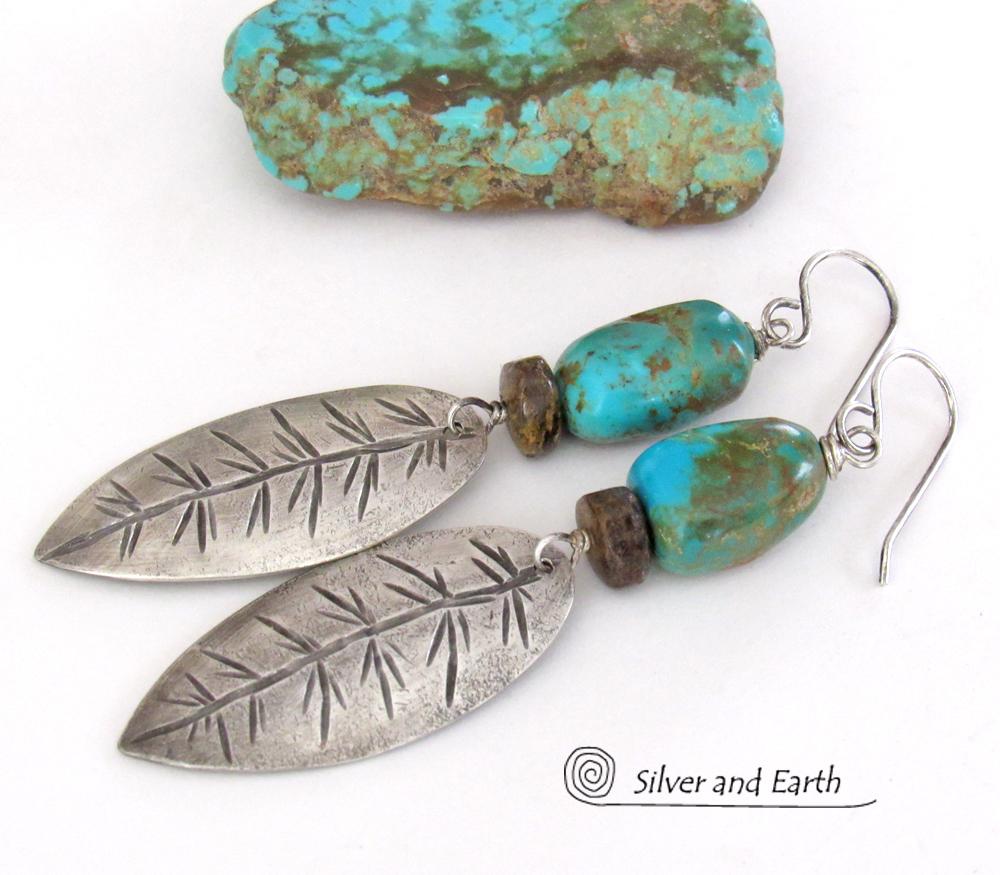 Sterling Silver Feather Earrings with Natural Turquoise and Bronzite Stones - Southwestern Style Jewelry