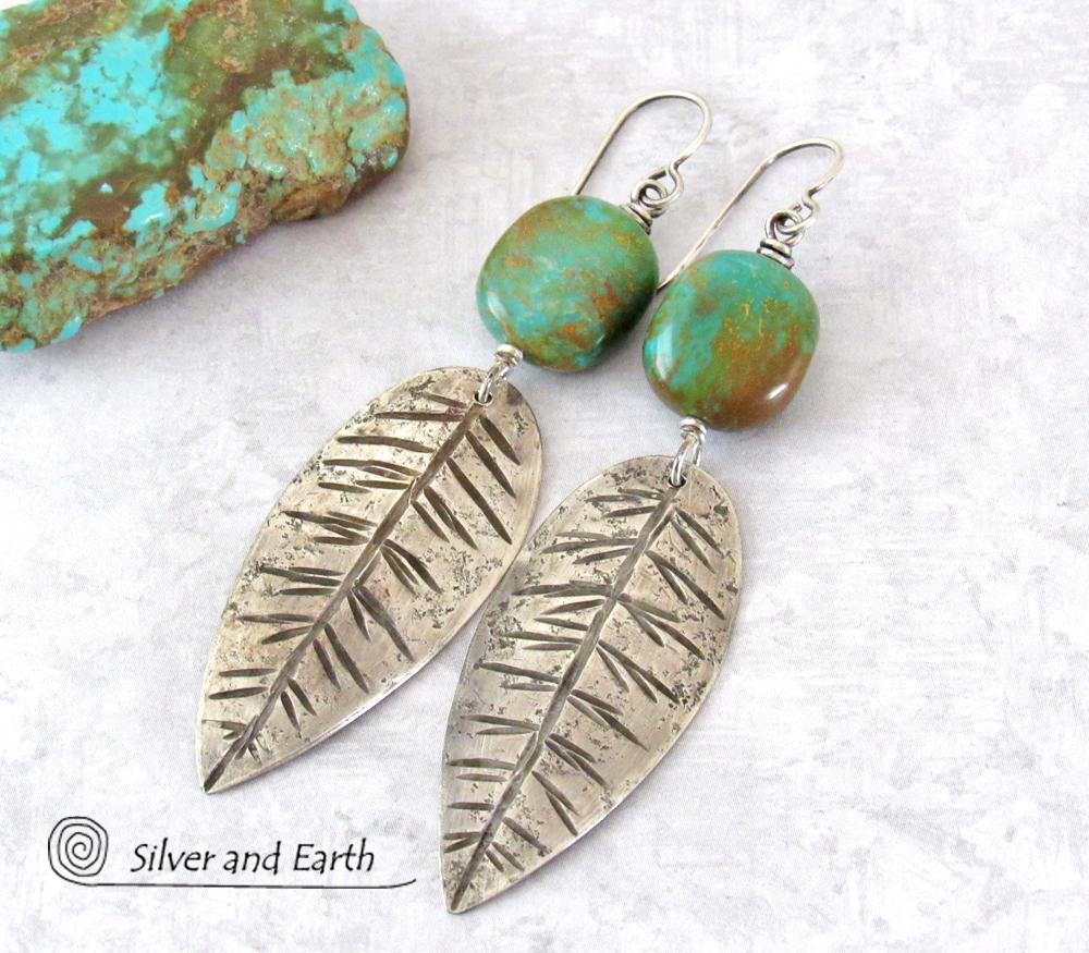 Sterling Silver Feather Earrings with Turquoise - Modern Southwestern Jewelry
