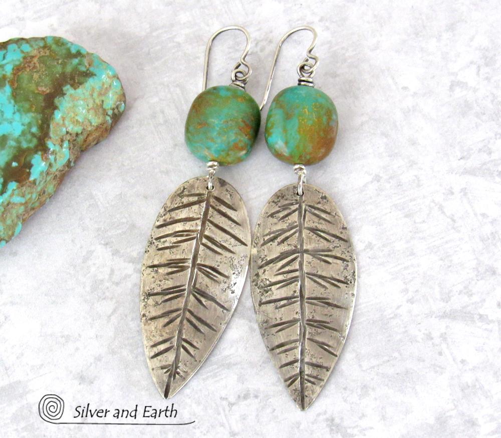 Sterling Silver Feather Earrings with Turquoise - Modern Southwestern Jewelry