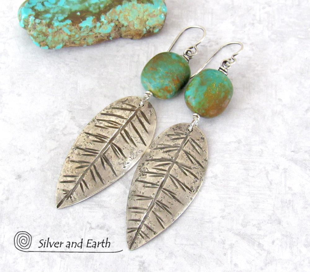 Sterling Silver Feather Earrings with Turquoise - Modern Southwestern Jewelry