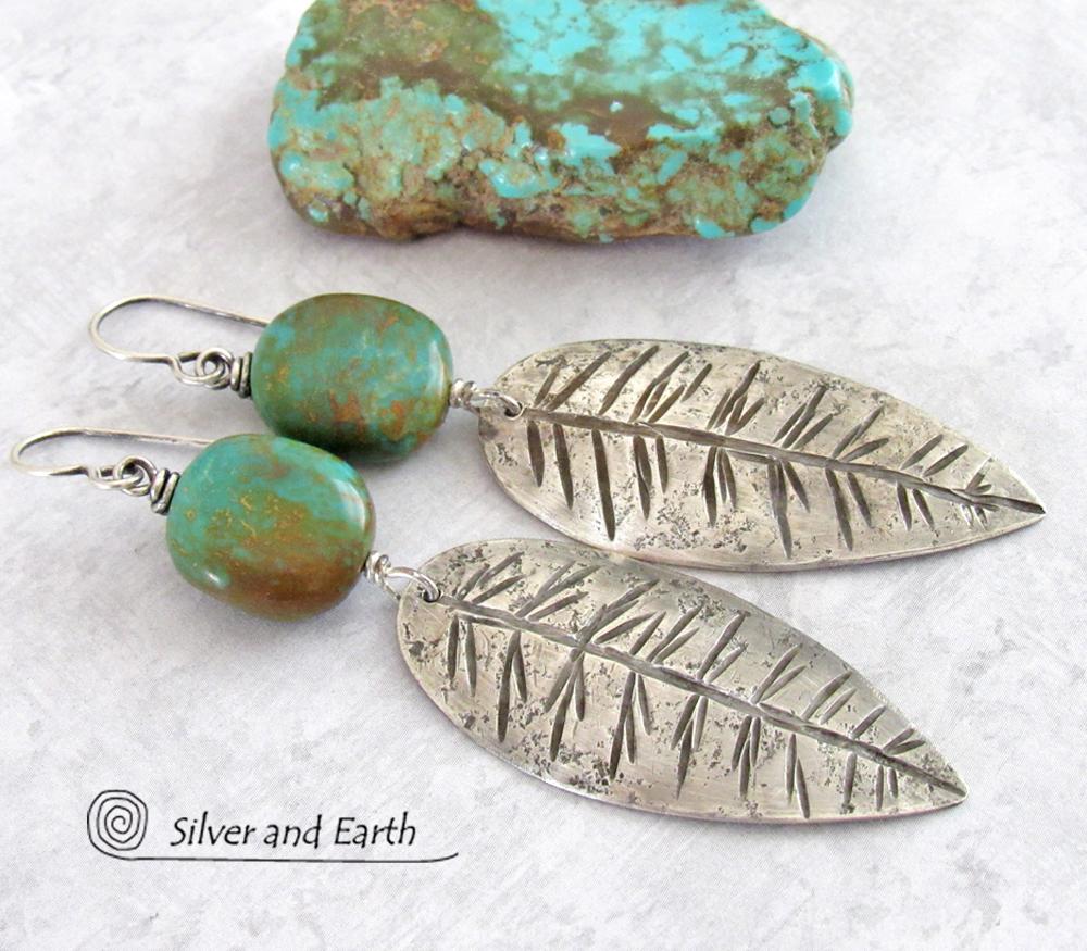 Sterling Silver Feather Earrings with Turquoise - Modern Southwestern Jewelry