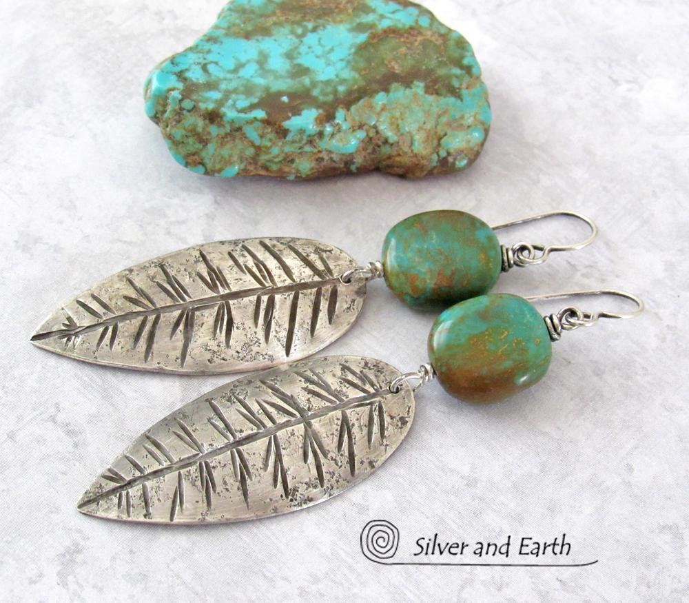 Sterling Silver Feather Earrings with Turquoise - Modern Southwestern Jewelry