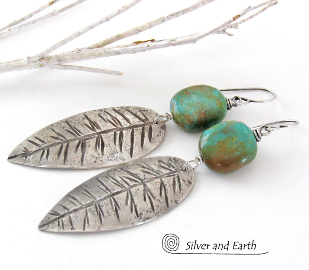 Sterling Silver Feather Earrings with Turquoise - Modern Southwestern Jewelry