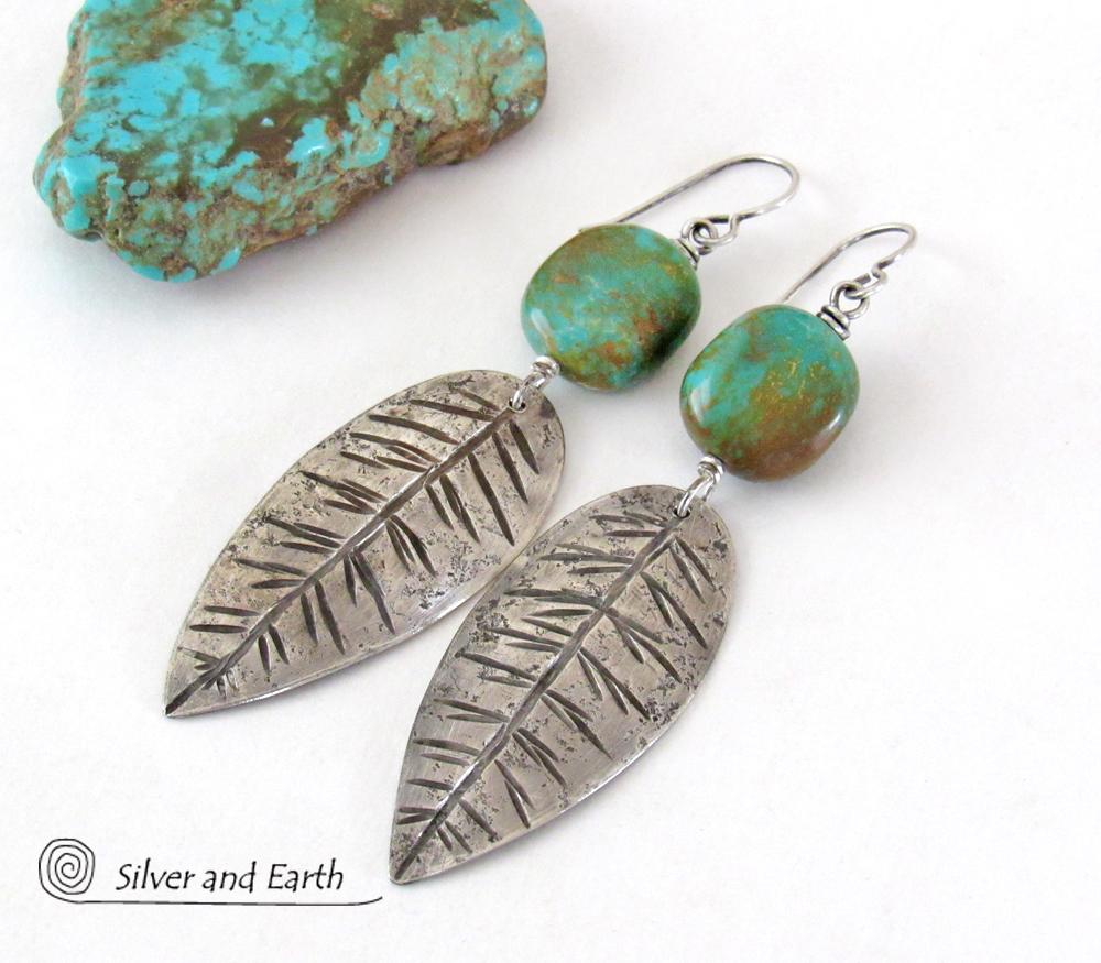 Sterling Silver Feather Earrings with Turquoise - Modern Southwestern Jewelry