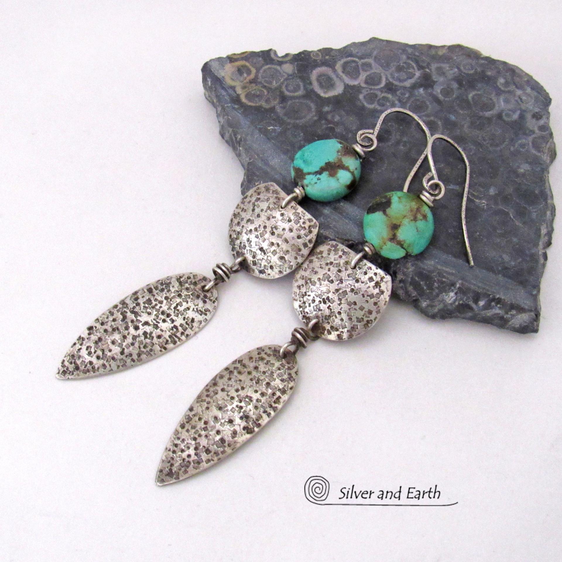 Long Sterling Silver Dangle Earrings with Natural Turquoise Stones - Bold Statement Jewelry