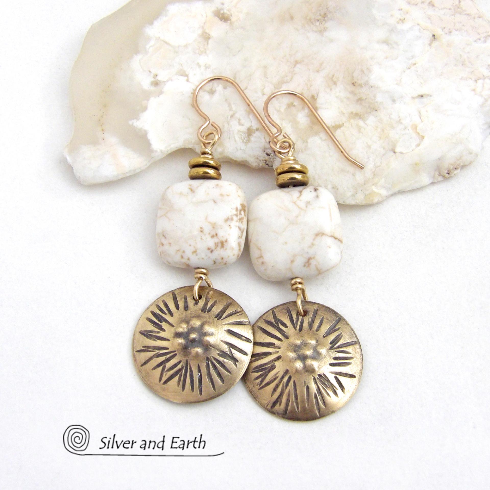 Textured Gold Brass Dangle Earrings with Creamy White Magnesite Stones