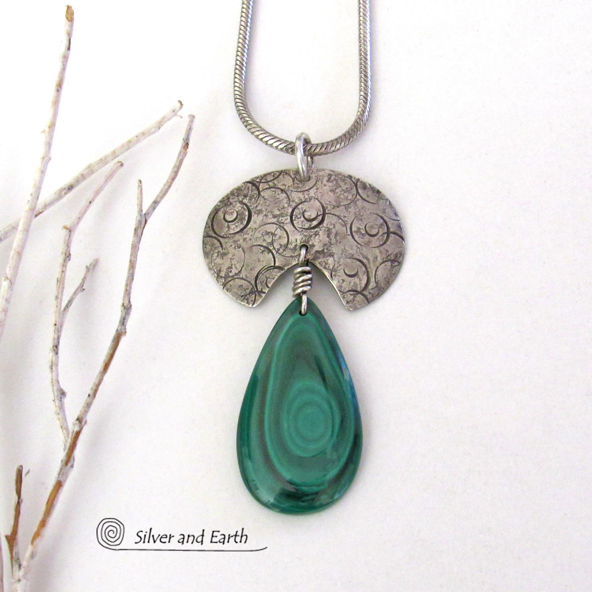 Green Malachite Gemstone Sterling Silver Necklace - Unique One of a Kind Modern Natural Stone Jewelry