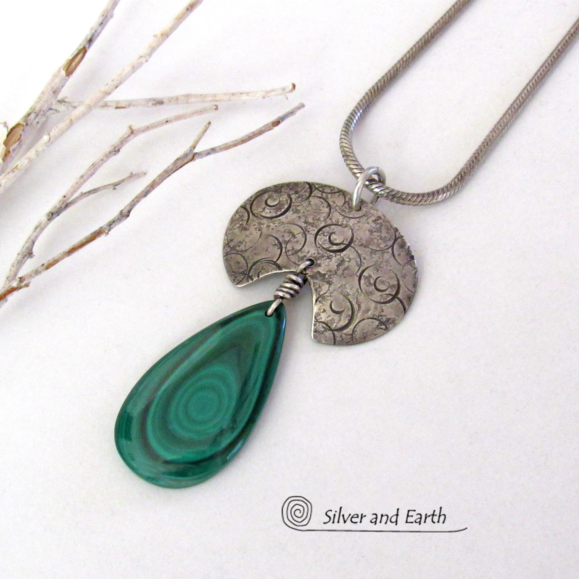 Green Malachite Gemstone Sterling Silver Necklace - Unique One of a Kind Modern Natural Stone Jewelry