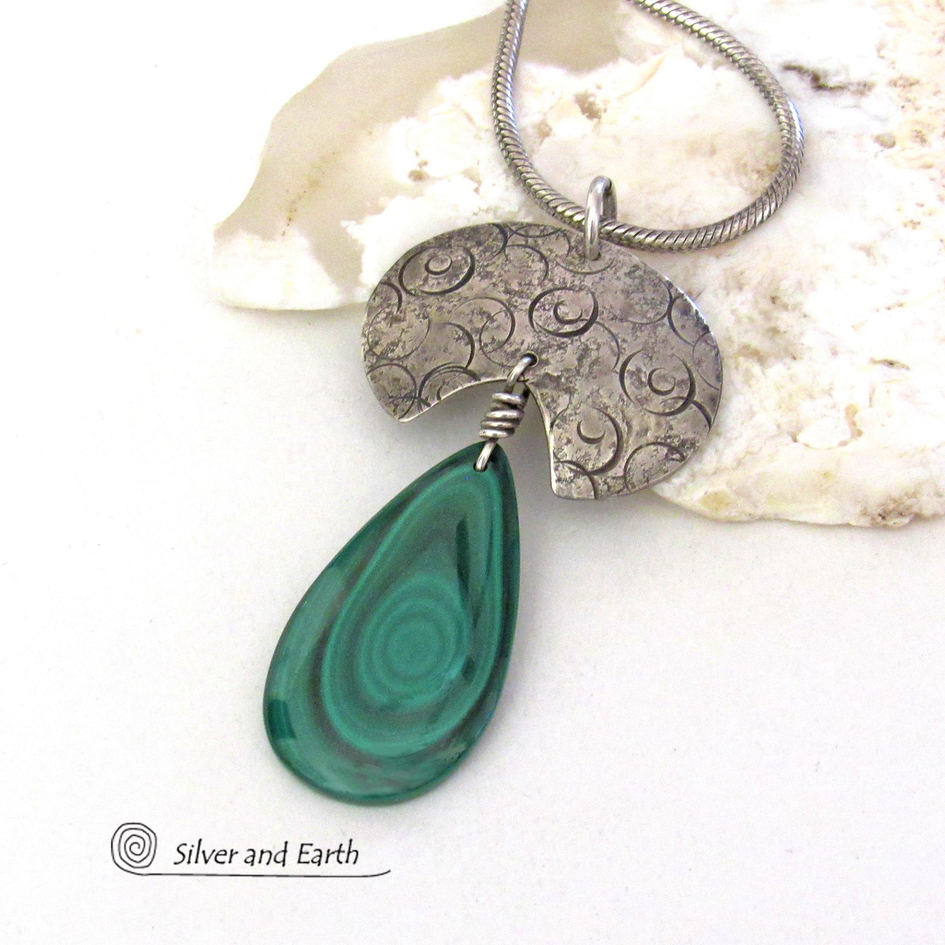 Green Malachite Gemstone Sterling Silver Necklace - Unique One of a Kind Modern Natural Stone Jewelry