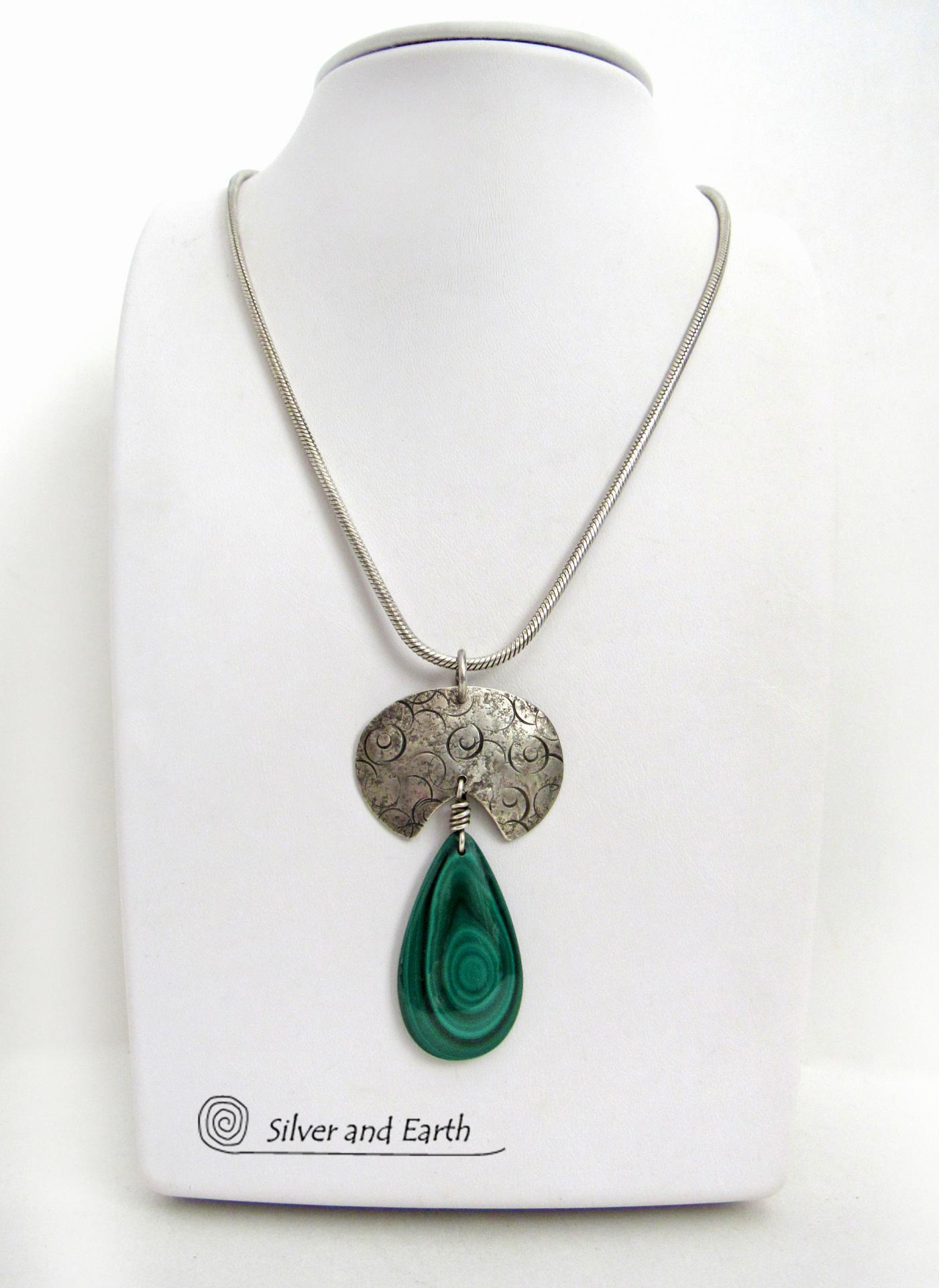 Green Malachite Gemstone Sterling Silver Necklace - Unique One of a Kind Modern Natural Stone Jewelry