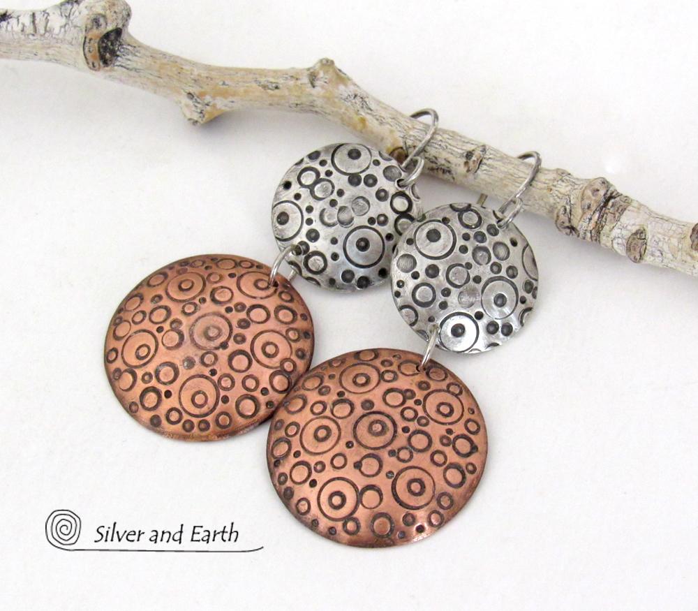 Mixed Metal Earrings with Hand Stamped Sterling Silver & Copper - Unique Contemporary Modern Jewelry