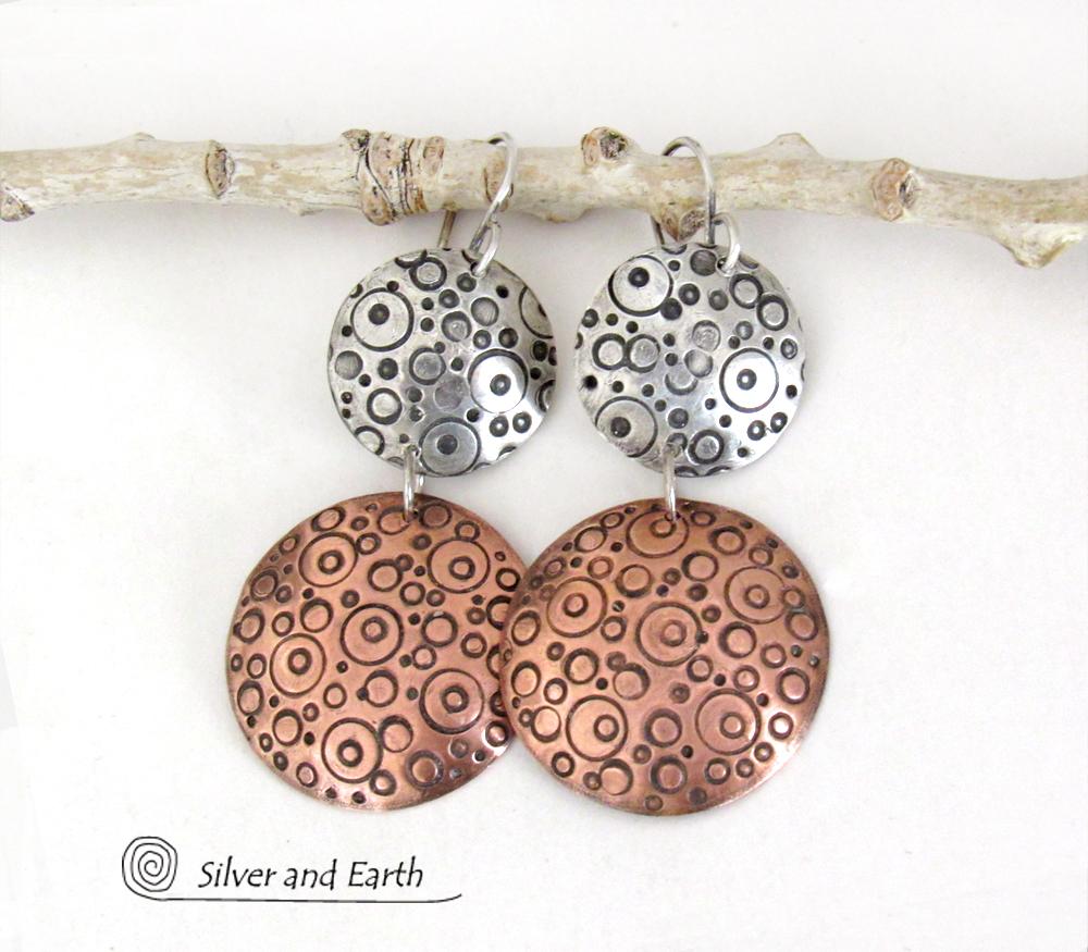 Mixed Metal Earrings with Hand Stamped Sterling Silver & Copper - Unique Contemporary Modern Jewelry