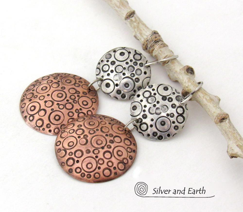 Mixed Metal Earrings with Hand Stamped Sterling Silver & Copper - Unique Contemporary Modern Jewelry